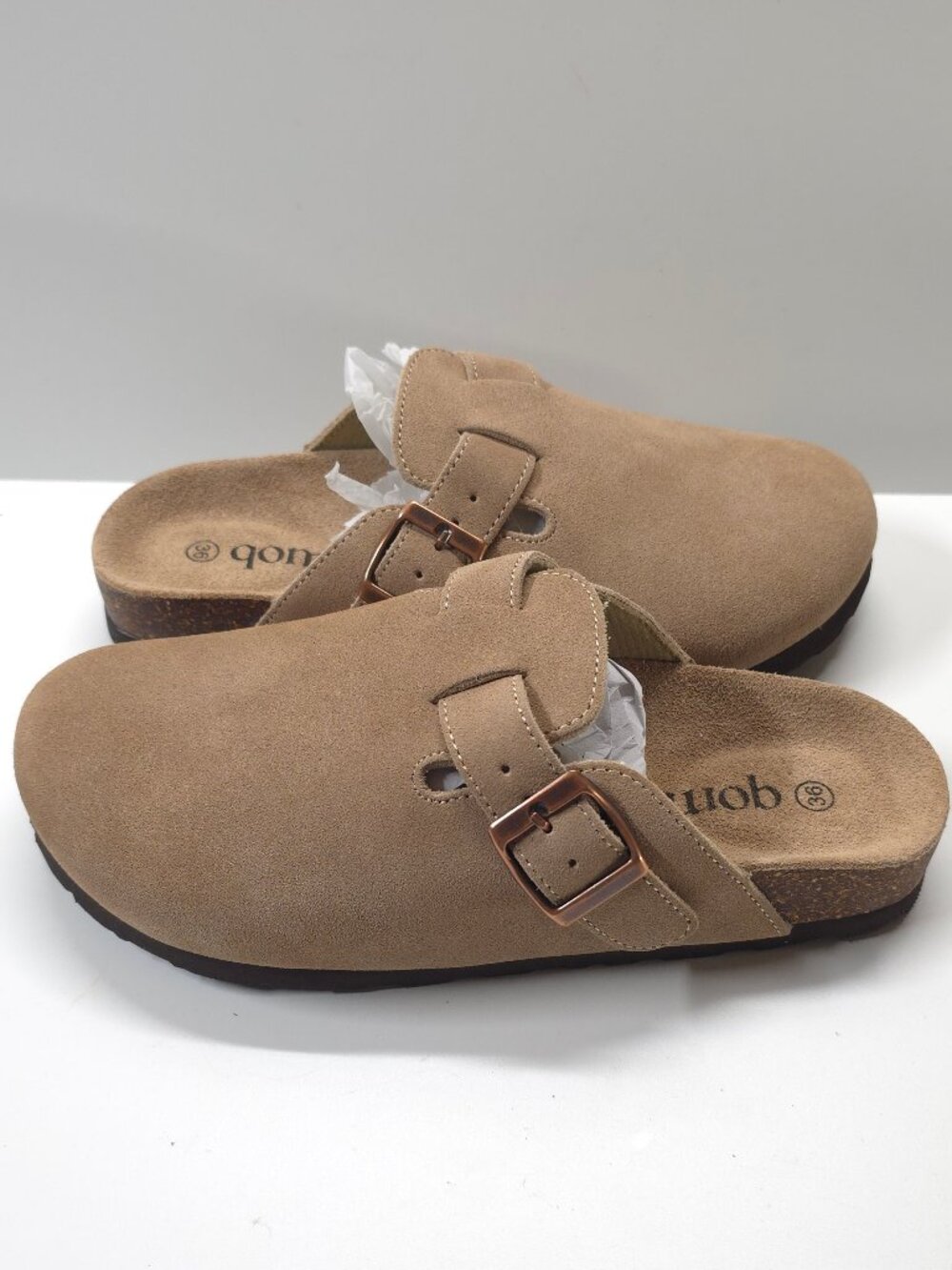 Qomfort Women's Clogs Size 36 Tan Suede Buckle Cork Footbed Slip On Shoes